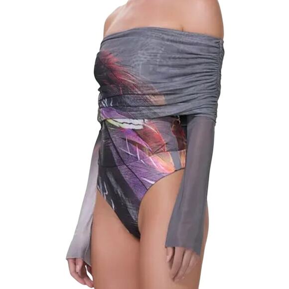 AFRM Maxine Ruched Off the shoulder bodysuit Feather Print Size XL NWOT - Picture 1 of 10